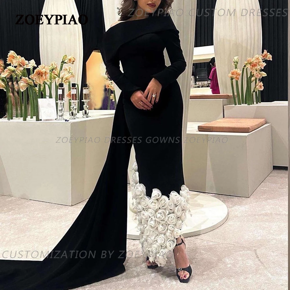 

Black Satin Sheath Evening Party Dresses for Women Full Sleeves Off Shoulder Arabian Dubai Formal Prom Dress with 3D Flower