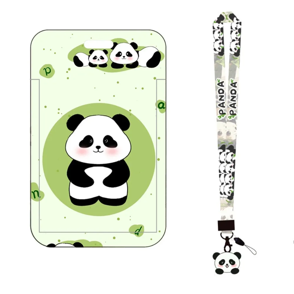 Waterproof Panda Printing Plastic Card Holder with Long Lanyard Slide Card Case ID Card Protective Cover