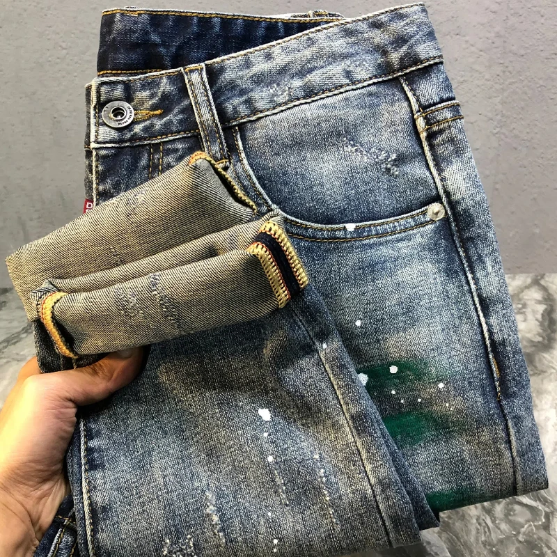 Celana Jeans pria, celana jins lubang pewarna, kepribadian jalanan tinggi kasual gaya elastis ramping warna kontras Musim Semi