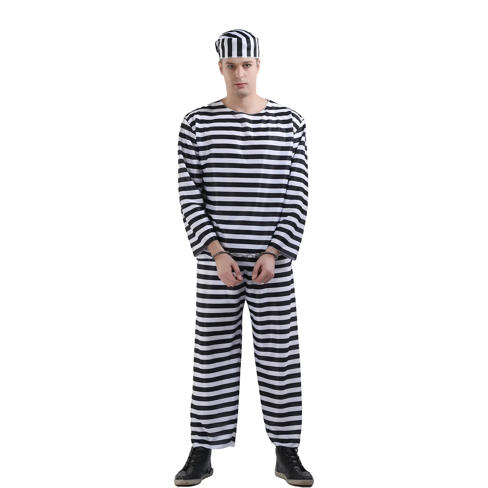 Conjunto de tres piezas para prisioneros adultos, camisa de manga larga a rayas blancas y negras, conjunto de pantalones y sombrero, juego de rol para fiestas temáticas