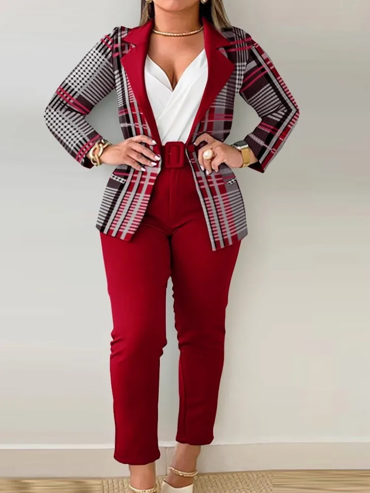 Mode Brief gedruckt Anzug Büro Sets Herbst Winter Frauen Revers Kragen Blazer Cardigan Mantel Hose zweiteilige Arbeit Set mit Gürtel