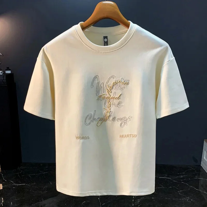 

Модная мужская футболка с короткими рукавами и вышитыми буквами, новинка 2026, тяжелая модная дышащая верхняя одежда с круглым вырезом