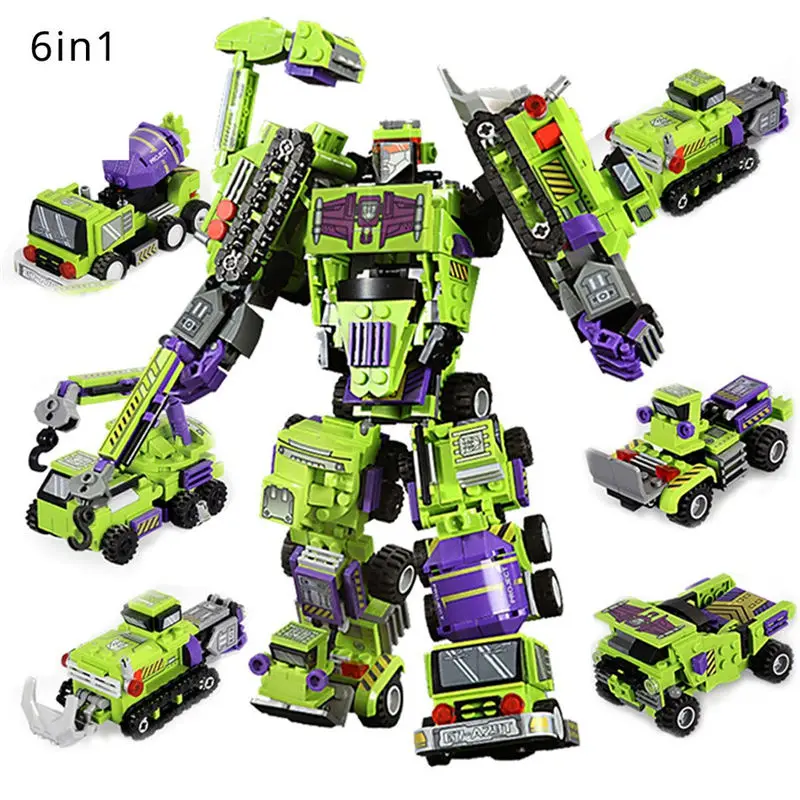 6 in 1 Deformation Engineering Vehicles Mecha Block DIY Mini Excavator Mixer Crane Dump Truck Building Brick Toy For Boy Kids