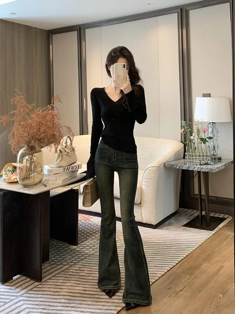 

Джинсовые джинсы-колокольчики с высокой талией в стиле ретро, женские весенне-осенние узкие эластичные длинные брюки с подтяжкой ягодиц, синие хлопковые эластичные брюки