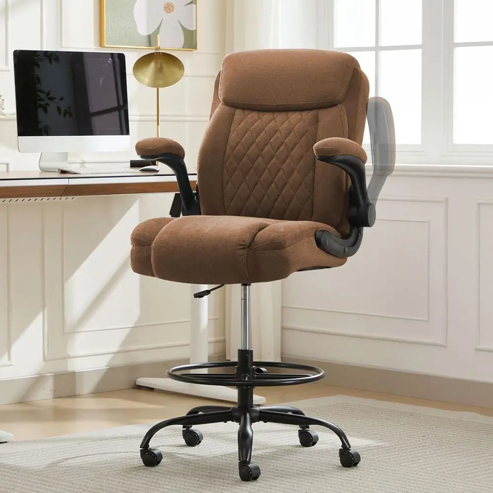 Tall Drafting Chair Height Adjustable With Foot Ring Flip-Up Arms Lumbar Support Fabric Seat For Home Desk