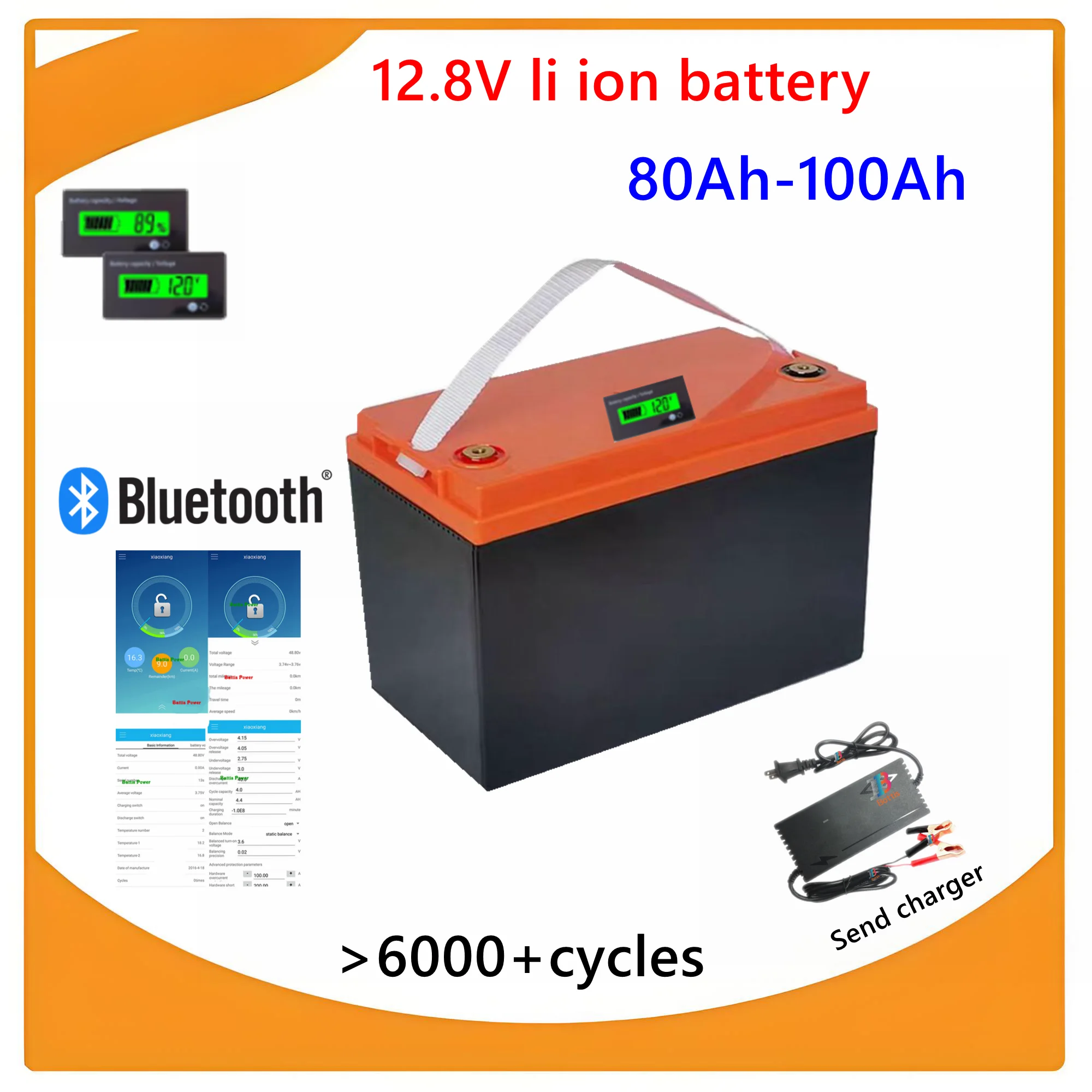 

12.8v 12V 100AH 80Ah lithium ion battery bluetooth BMS APP forcaravan fish boat Inverter Portable power RV +10A charger