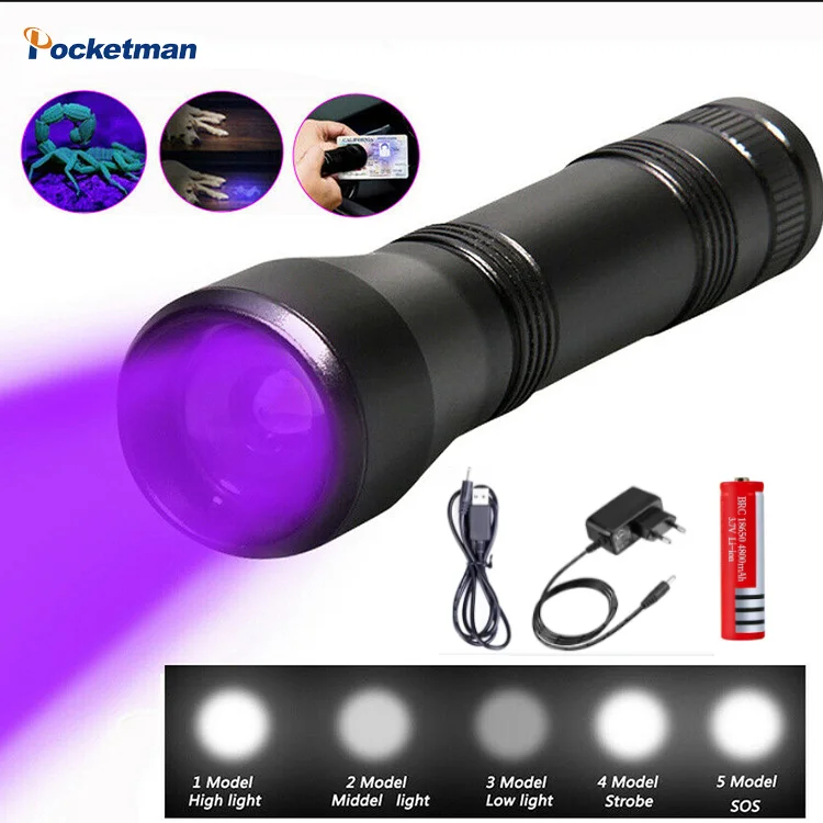 

395nm LED UV Flashlight 18650 Battery Ultraviolet Torch Purple Light Rechargeable Zoom Black Light Pet Urine Stains Detector