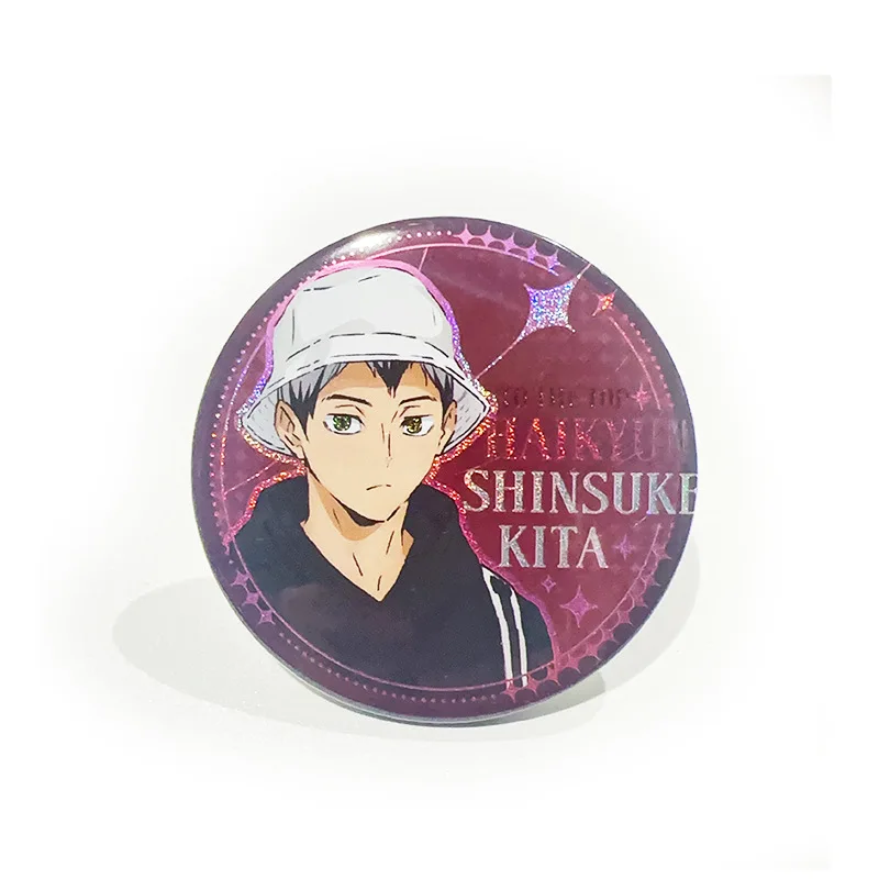 Anime Haikyuu!! Laser Badge Shoyo Hinata Tobio Kageyama Action Figures Colorful Printed Brooch Cartoon Clothes Accessories