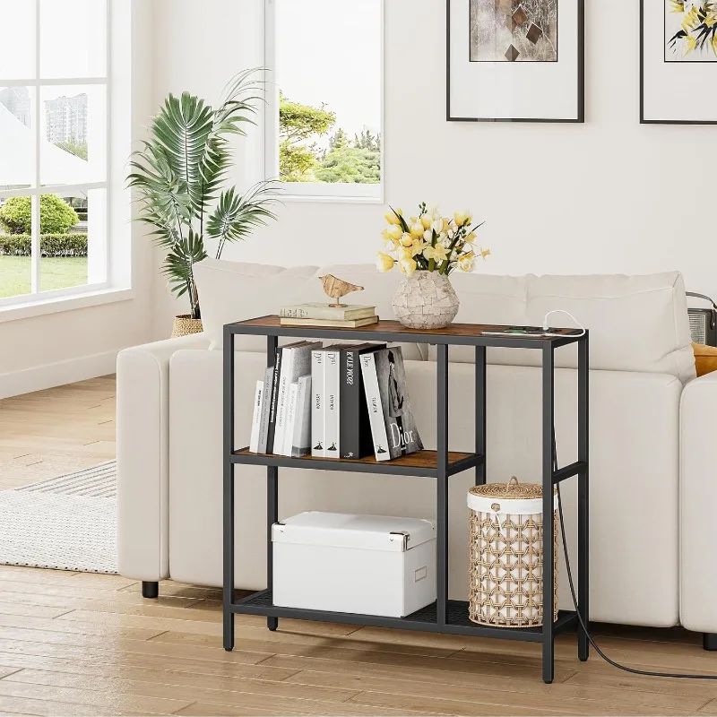 Console table with power socket, Entry table with storage, Narrow sofa table with 3 shelves