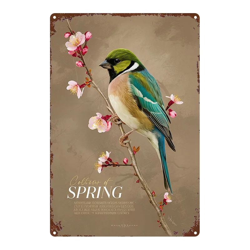 2D Flat, 1pc, Metal Sign, Spring Theme Tin Sign: Bird and Cherry Blossom Branch, 8x12 Inches (20x30cm) Rustic Iron Wall Art, Per