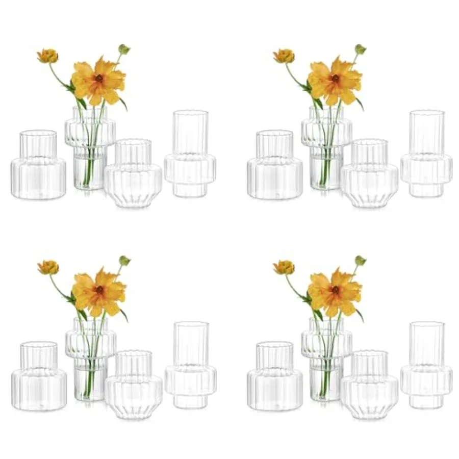 

Ribbed Bud Vases for Centerpieces: Set of 16 Small Clear Glass Vase for Bridal Baby Shower Home Decor - Modern Table Decoration