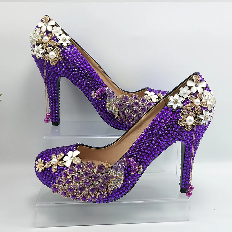 BaoYaFang Round Toe Purple crystal Peacock Bridal Wedding shoes and bag set Fashion woman High heel platform shoes Ladies Pumps