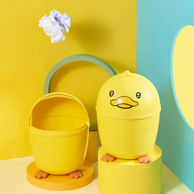 Cartoon Cute Little Yellow Duck Desktop Decoration Mini Trash Can Office Shake Lid Trash Can Paper Basket Plastic Storage Bin