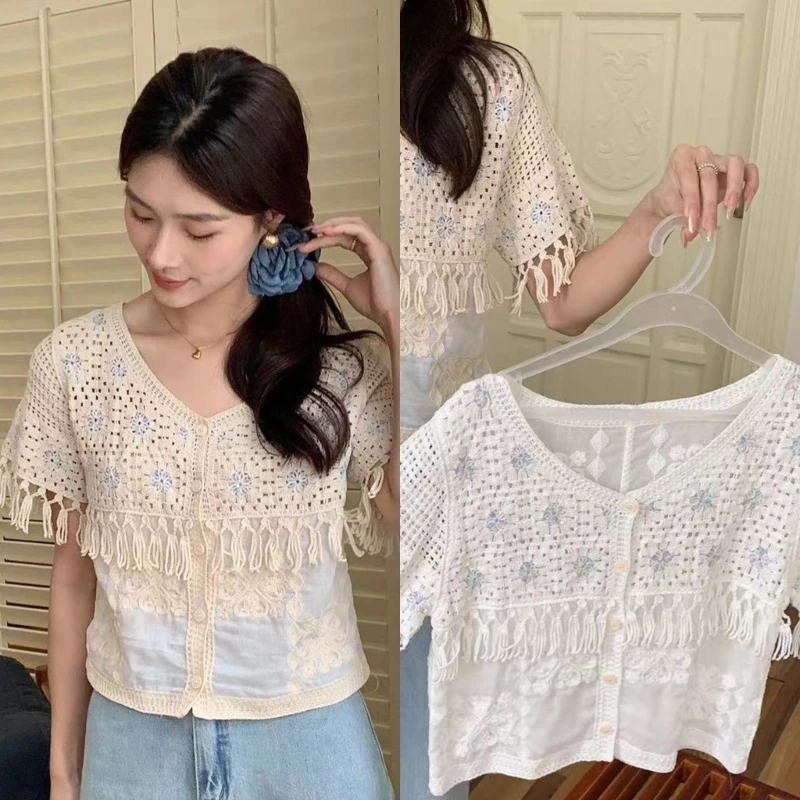 

Hollow Out Crochet Knit Embroidery Flower Cardigan for Women Short Sleeve Tassels Trim Button Up Loose Blouse Crop Top P8DB