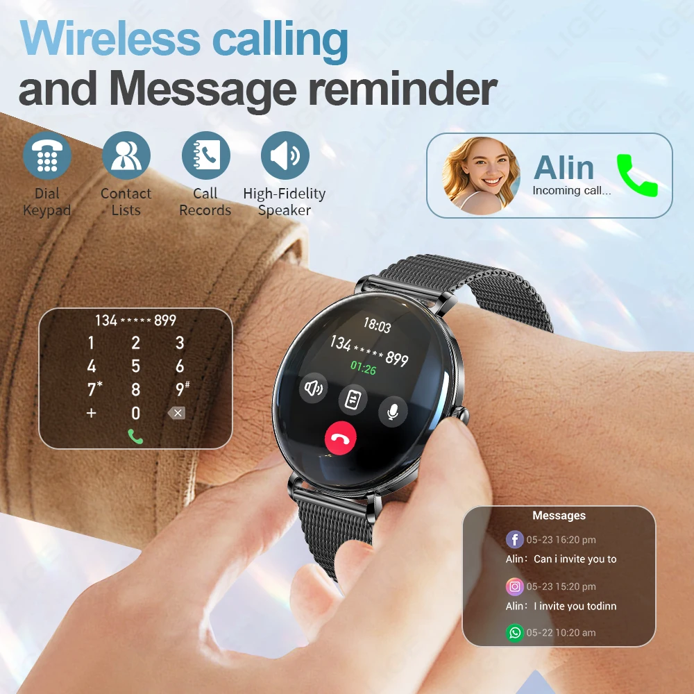 LIGE Nuovo Ultra Sottile Astuto Della Vigilanza 1.43 "AMOLED 466*466 Display HD Mostra Sempre Tempo Frequenza Cardiaca Chiamata Bluetooth Smartwatch Uomo Donna