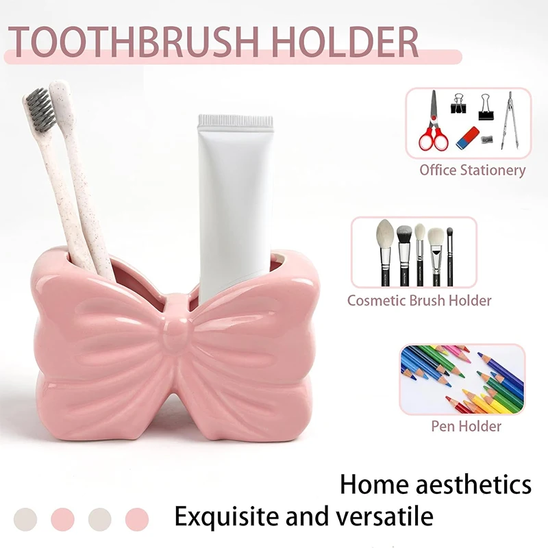 White Chic Bowknot 2-Slot Toothbrush Holder - Resin Retro Cute Desktop Decorative Stand