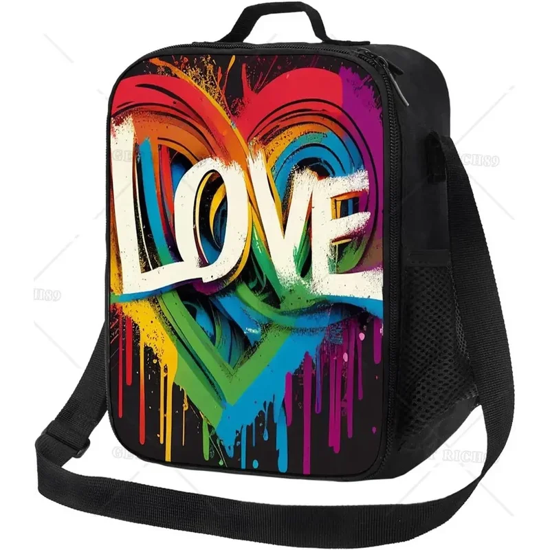 Rainbow Heart and Love Lunch Bag for Women Men Insulation Portable Lunch Box Tote Bags for Work Picnic Travel Gifts Multicolour