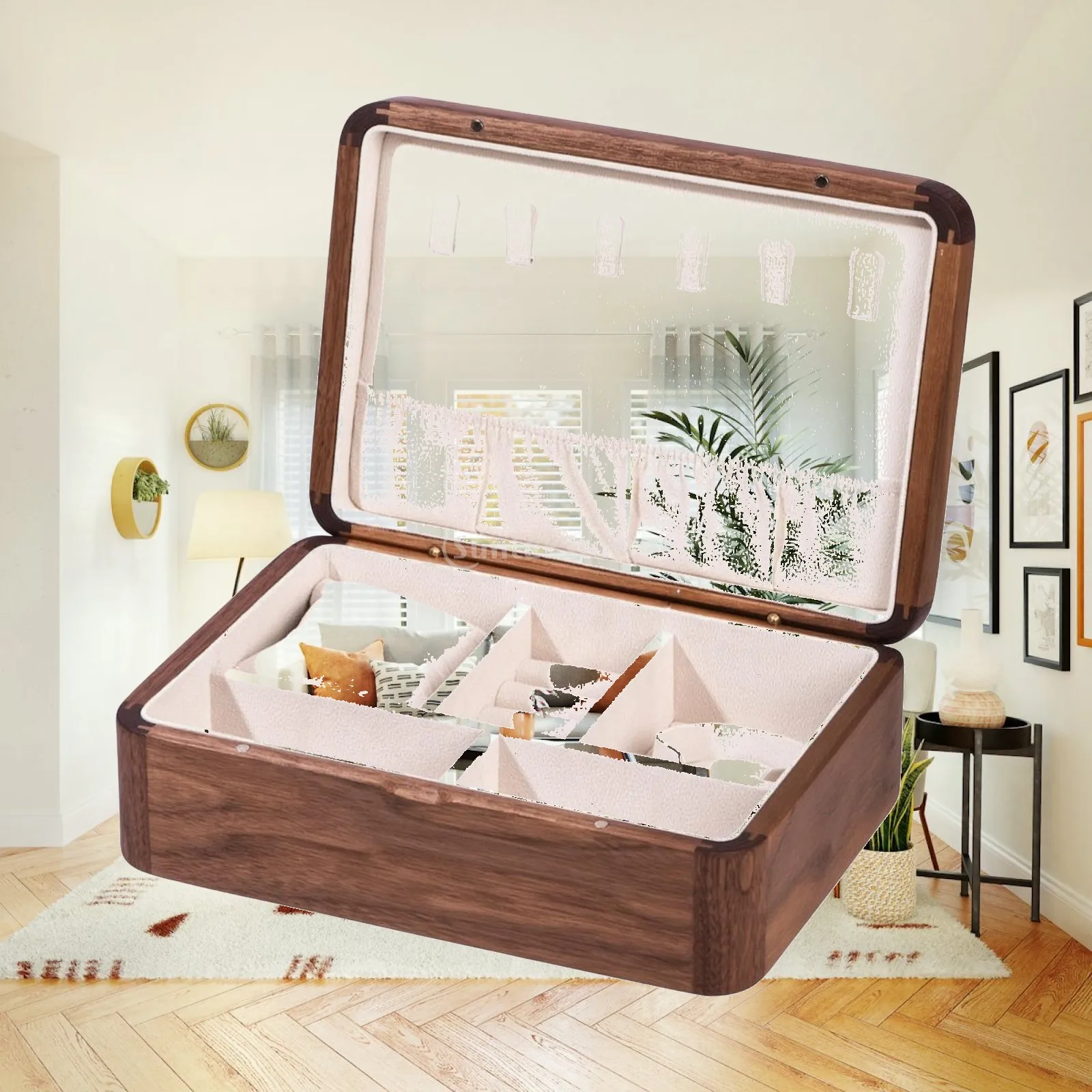Walnut-Finish Jewelry Box Sturdy Wooden Jewelry Box Long-Lasting Slim for Bedroom Dresser, Vanity
