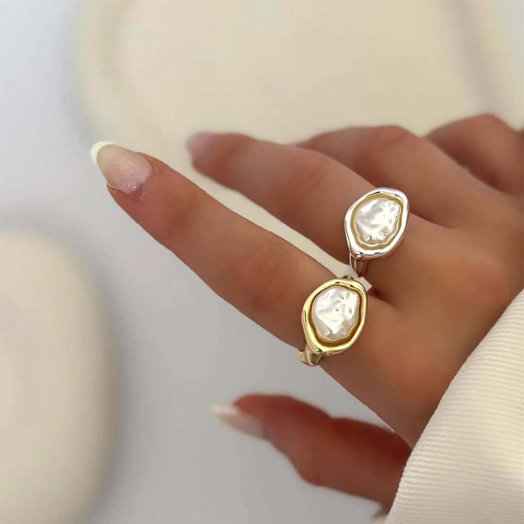 Vintage Schmuckset mit unregelmäßigen Barock-Imitationsperlen für Damen, vergoldete Ohrringe, Ring, Anhänger, Halskette, Hochzeitsgeschenk – Detail 6