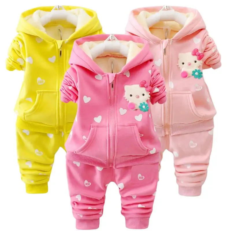 Thick Milk Velvet Toddler Baby Girls Clothes Set Autumn Winter Cartoon 2PCS Outfits Cute Cat Hoodies Jacket And Pants Kids Suit