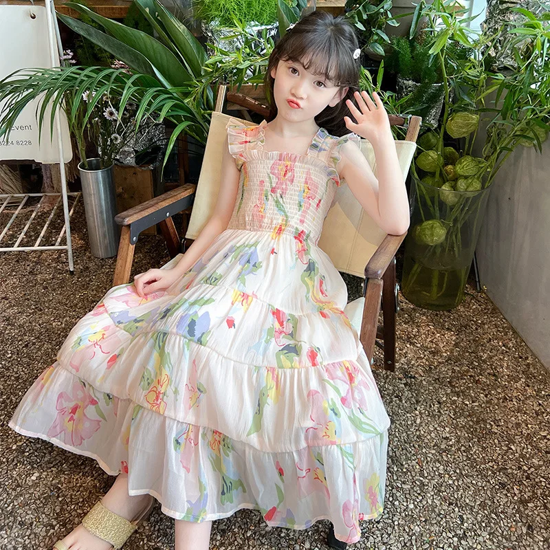 

Girls Dress 2024 Summer New Childrens Clothes Western Holiday Style Beach Strap Floral Princess Dress Casual Simple Daily