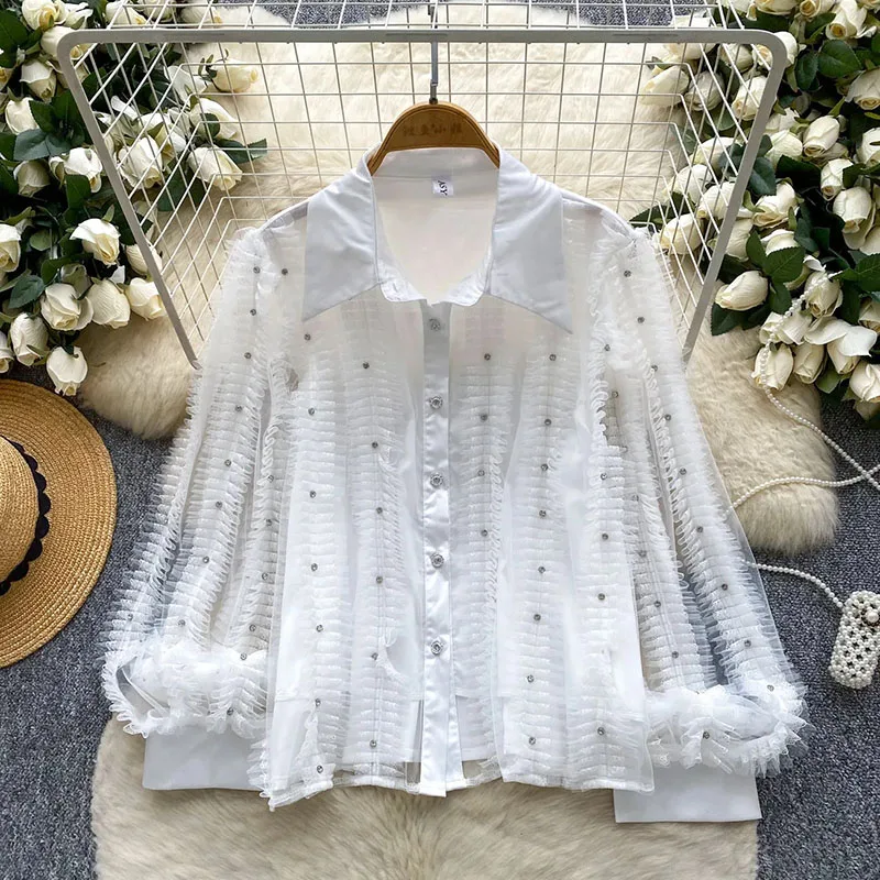 Blusa de satén con cuentas de diamantes, manga acampanada transparente, Top de lujo de alta calidad, camisa de fiesta plisada con empalme de encaje para mujer