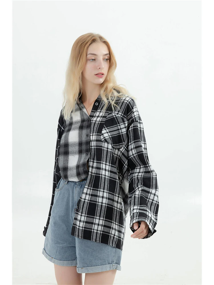 Oversized Plaid Patchwork Blouses Vintage Streetwear Boyfriend Shirt For Ladies Ulzzang Harajuku Long Sleeve 2022 Blusas Tops