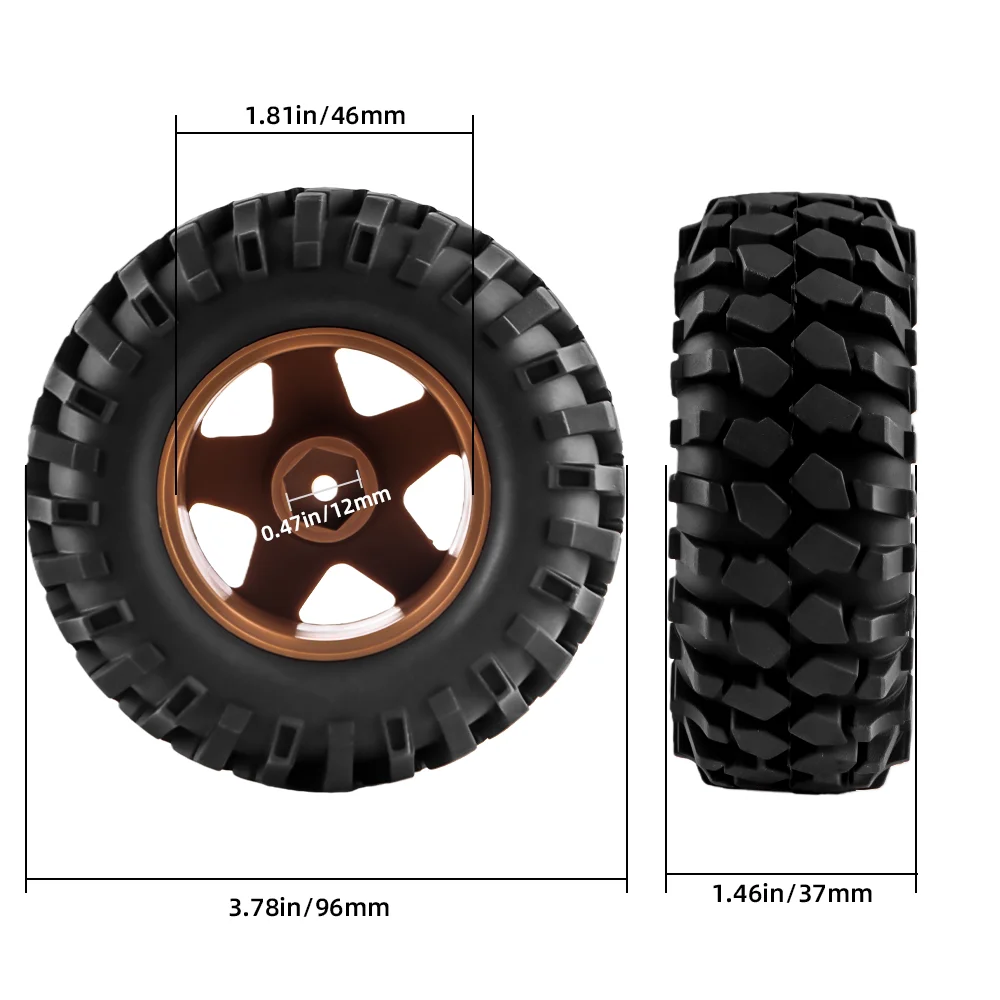 مجموعة إطارات وعجلات مجنزرة RC مع إطارات مطاطية بمحور سداسي 12 مم لـ 1/12 FMS FJ45، MN-D90، MN-99S، RGT EX86100 (الغراء المطلوب)