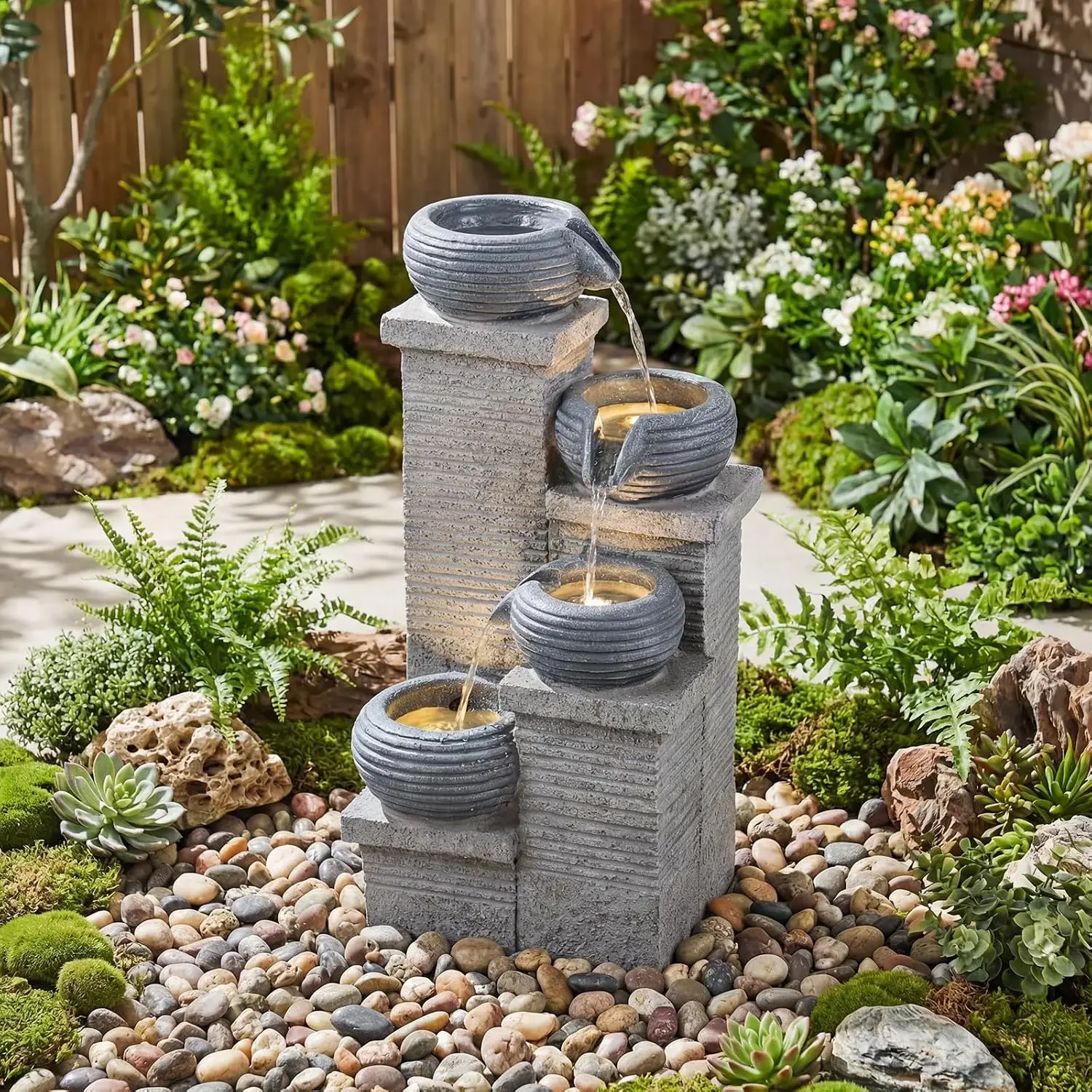 4-Tier Water Fountain Outdoor, 23 Inch Cascading Bowls Waterfall Fountain with Warm LED Lights & Pump, Outside Zen Water Feature