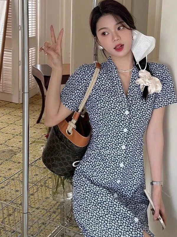 

Платье-рубашка в ретро-стиле с цветочным принтом, женское летнее платье с коротким рукавом, V-образным вырезом, приталенное, повседневное, дышащее, из полиэфирного волокна