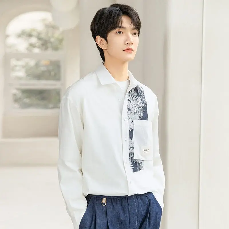 

Мужская белая рубашка с длинным рукавом, весенне-осенняя повседневная деловая лоскутная рубашка с принтом, мужская модная куртка