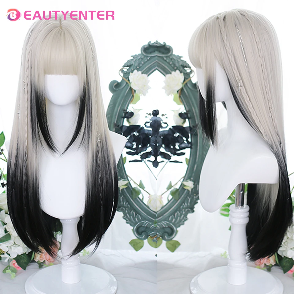 BEAUTYENTERWomen Sintético Lolita Wig Long Straight Ombre Two Tone Cabelo Preto Cinza Prateado Para Cosplay Com Franja