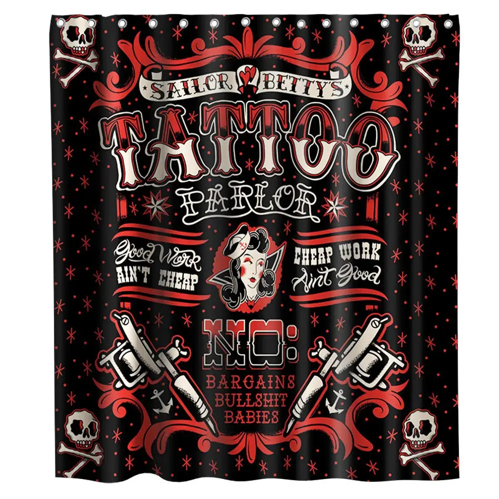 Vintage Punk Style Tattoo Pirate Sailor Skull Funny Theme Fabric Shower Curtain Halloween Bathroom Decor Set with Hooks