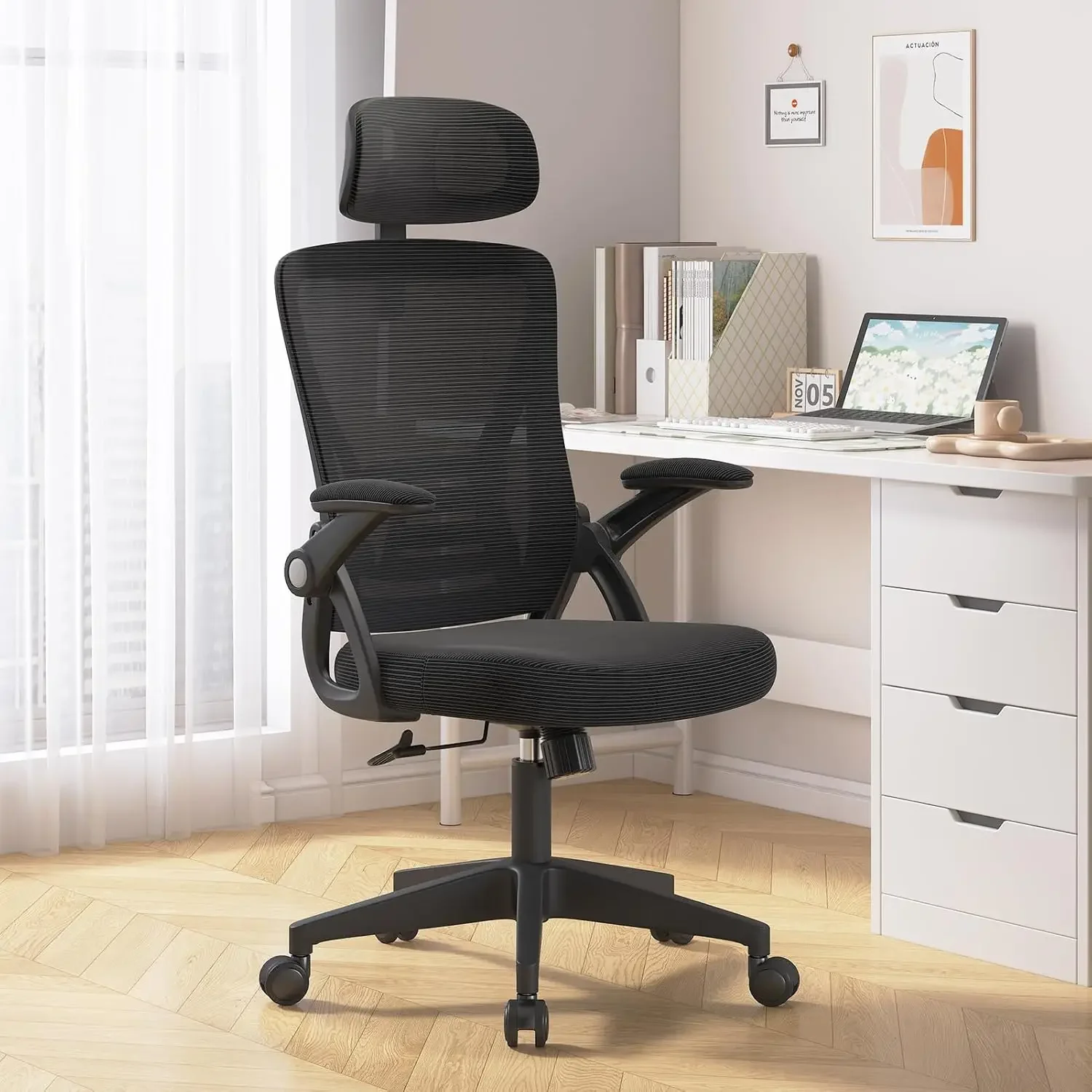 

Ergonomic Office Chair, Mid Back Desk Chair with Adjustable Height, Swivel Chair with Flip-Up Arms and Lumbar Support,Breathable