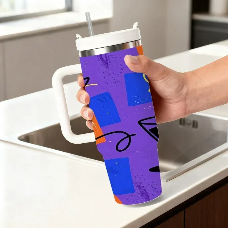 Vibrant Abstract Art 40Oz Stainless Steel Insulated Tumbler, Digital Print with Purple Background, Bold Orange & Blue Shapes, Playful Martini Glass Pattern, Insulated Cold & Hot Drink Cup for Daily Commute, Office & Outdoor Use