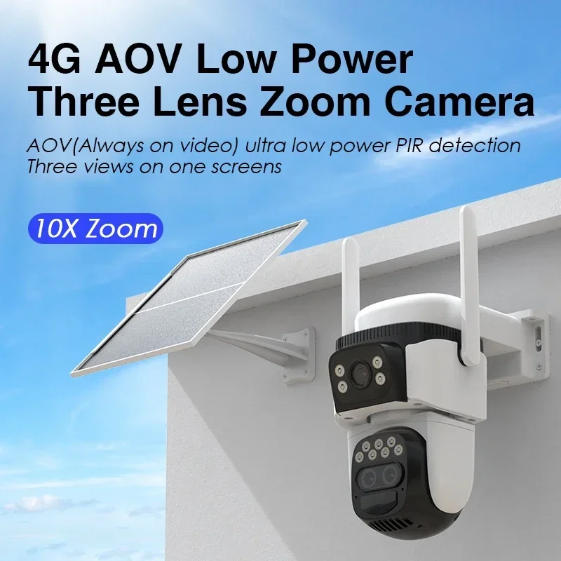 4K AOV 24 Hours Recording 4G Solar PTZ Security Camera Dual Lens Outdoor 10X Zoom Auto Tracking CCTV Video Surveillance Camera