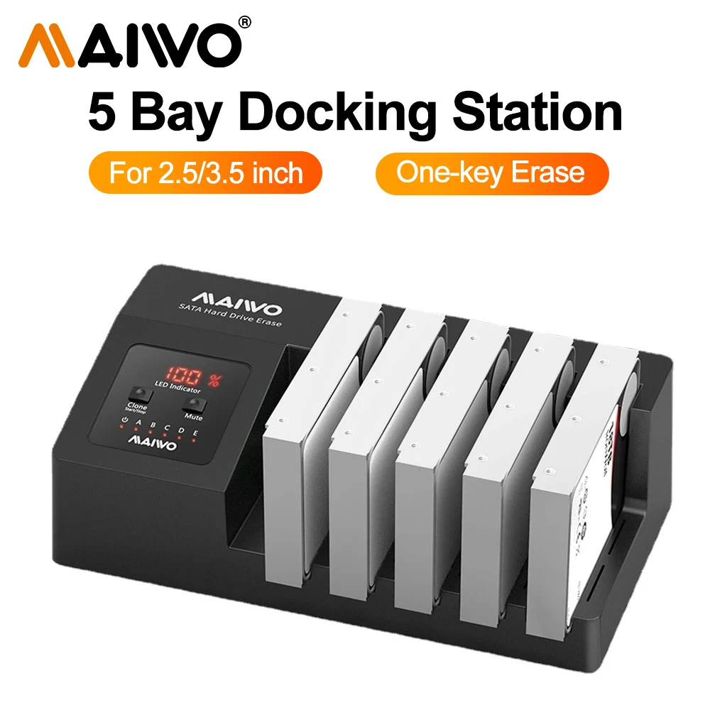 MAIWO SATA HDD SSD 외장 케이스, HDD 도킹 스테이션, USB 3.0 하드 드라이브 인클로저, 디지털 디스플레이, 데이터 스토리지, 5Bay 2.5, 3.5 인치