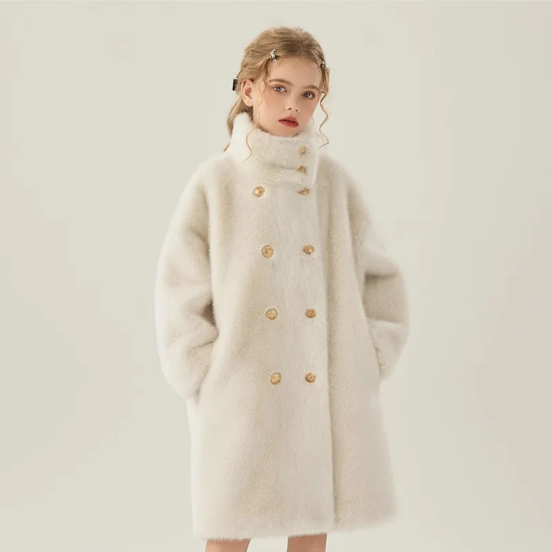

Children Fur Coat Autumn Winter Girls Imitation Mink Fur Little Girls Medium Length Cotton Clip Thickened Faux Fur Coat
