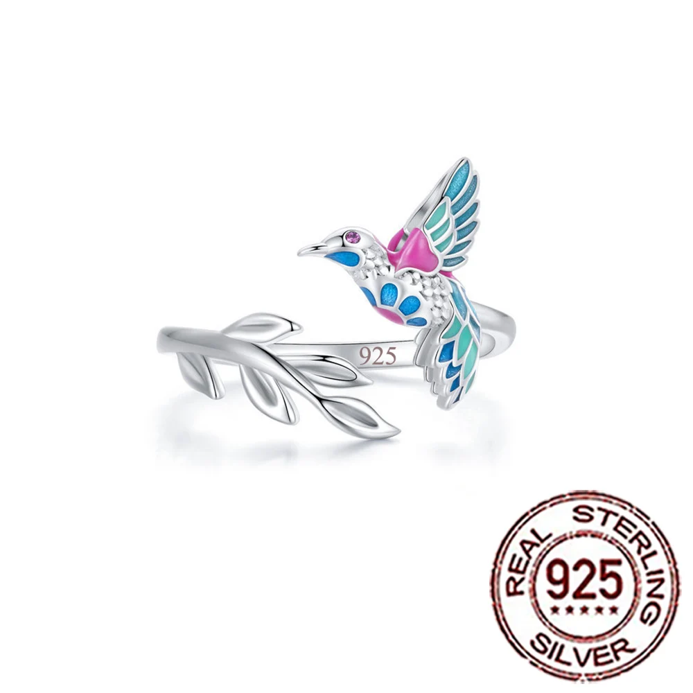 CWWZircons Multicolor Enamel Geometrical Bird 925 Sterling Silver CZ Animal Rings for Women Wedding Evening Party Jewelry SR060