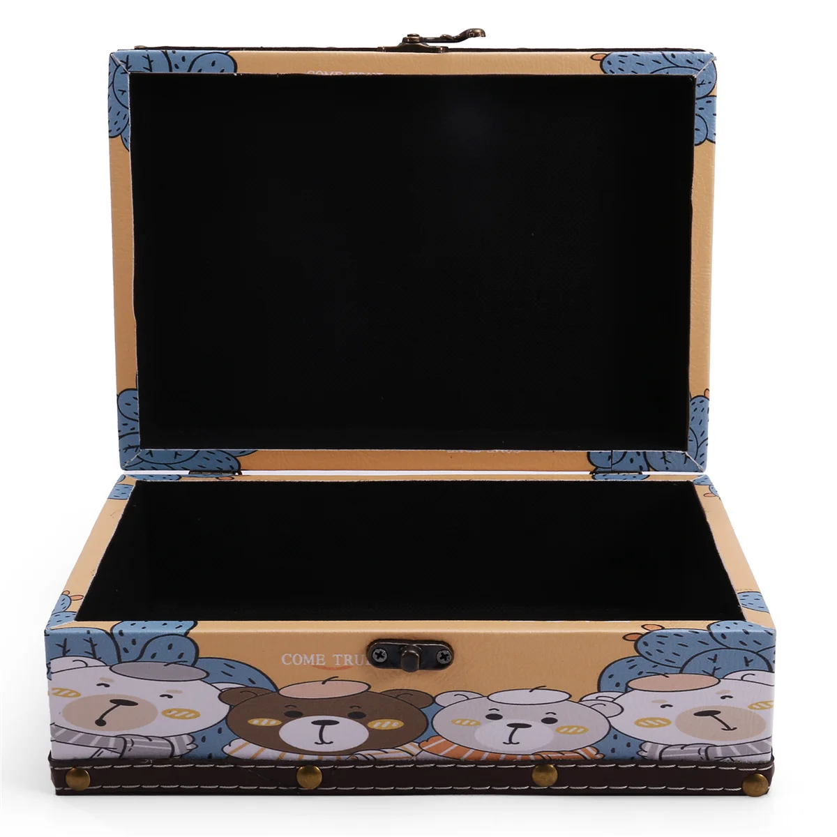 Wood and Leather Treasure Chest Womens Jewelry Keepsake Storage Box for Birthday Wedding with Cute Bear Pattern