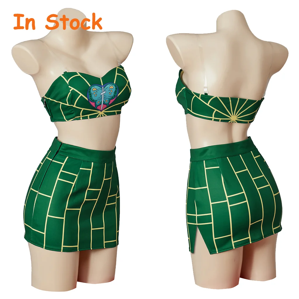 

In Stock Jolyne Cujoh Cosplay Girl Green Sexy Tube Bra Suit Top Skirt Full Set Women Uniform Halloween Outfit