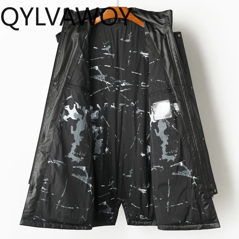 QYLVAWOY Men's Genuine Top Layer Cowhide Leather Down Jacket Autumn Winter White Duck Down Coat Hooded Leather Jacket Mid-long