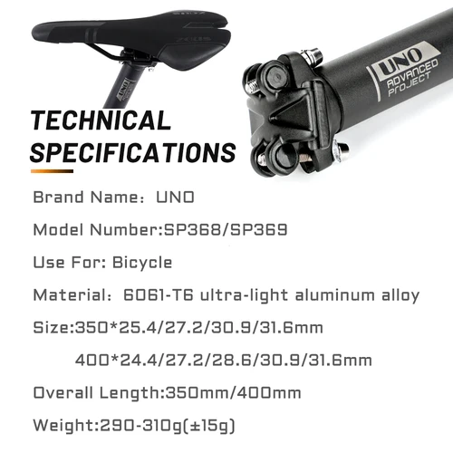 Imagen 2 del producto Tija de sillín de bicicleta UNO, tija de sillín de aluminio ultraligera para bicicleta de montaña, 25,4/27,2/28,6/30,9/31,6x350/400mm, piezas de tubo de sillín de bicicleta de montaña y carretera