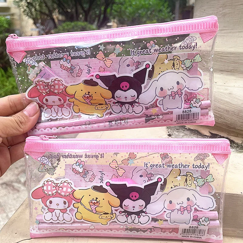 6pcs/set Anime Sanrio Melody Kuromi Stationery Set Cinnamoroll Student Cartoon Pencil Eraser Ruler Pen Bag Storage Set School