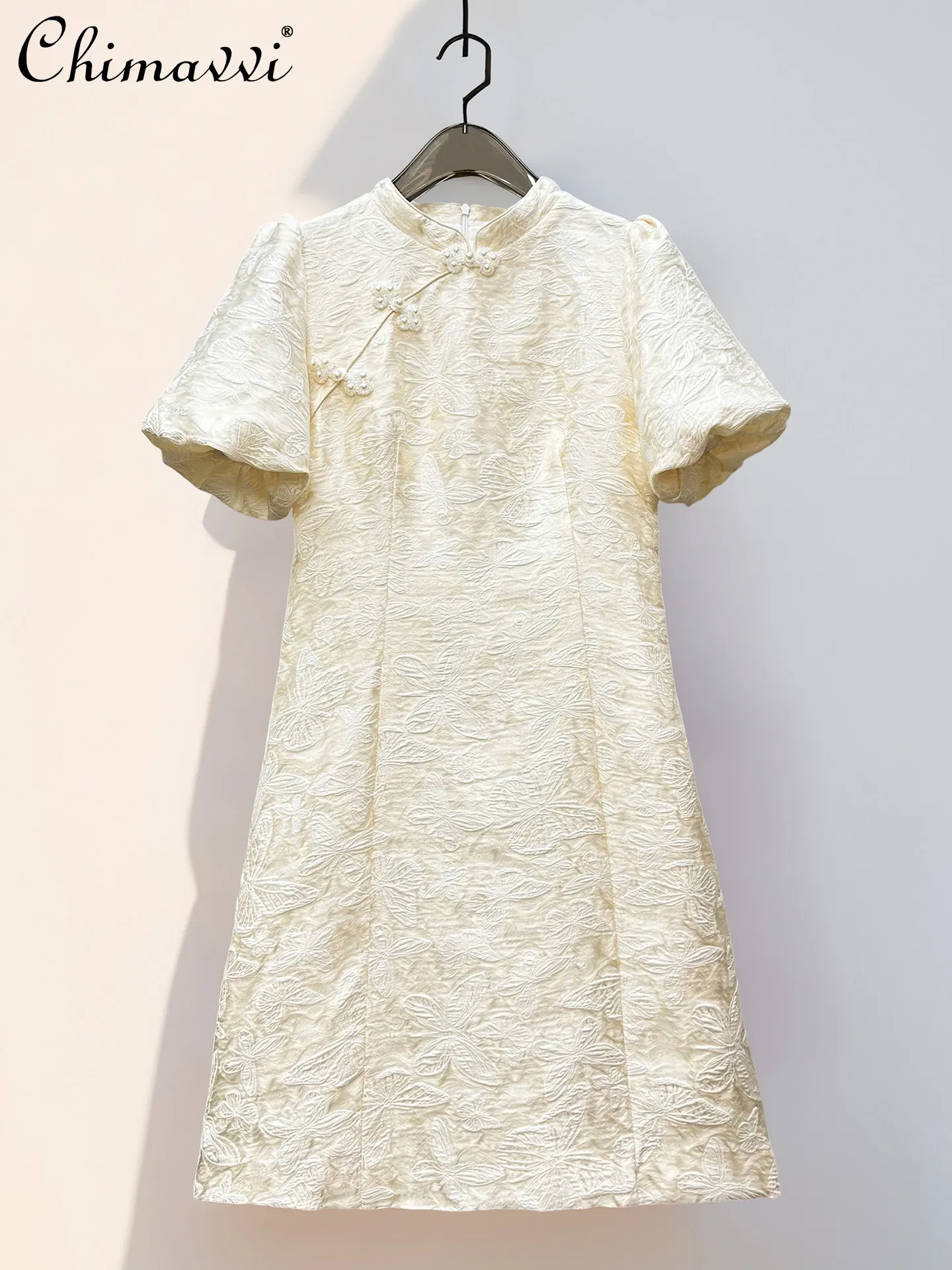 

Chinese Style Stand Collar Pearl Button Jacquard Dresses Puff Sleeve High Waist A-line Elegant Short Dress for Women Summer 2026