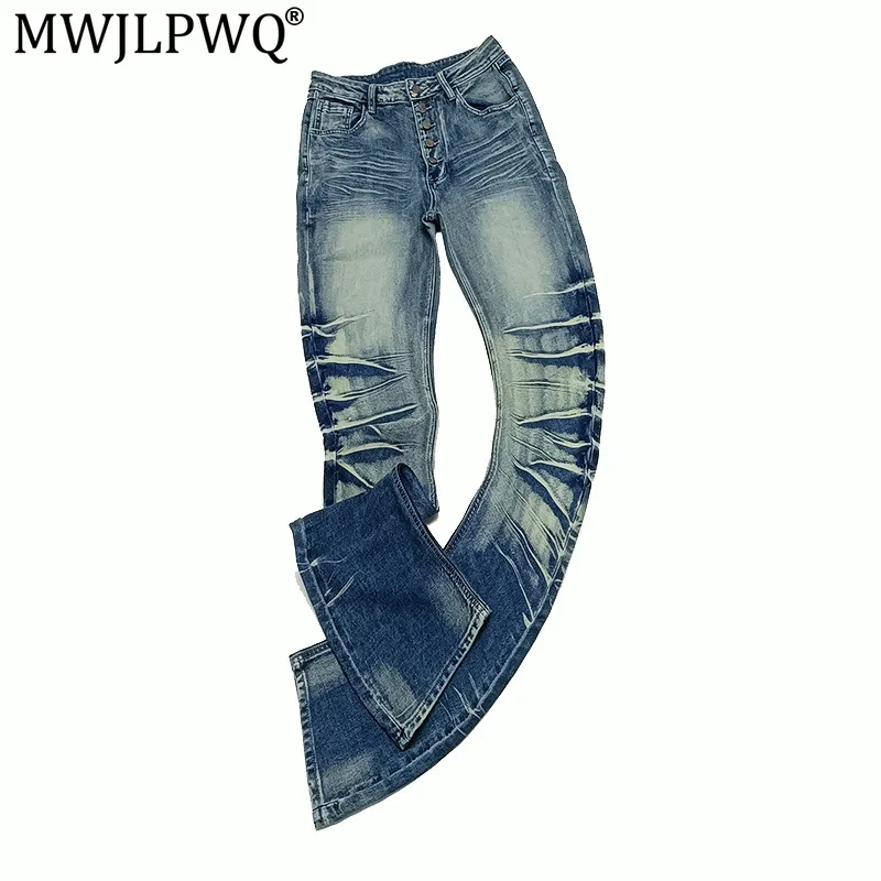 MWJLPWQ Distressed Wash Three-Dimensional Wide-Leg Stacked Jeans High-Street Elastic Denim Pants For Men Spring Autumn 21165