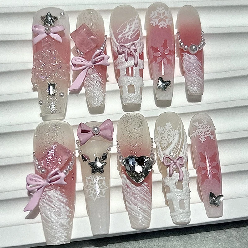 10 Pieces Cute Princess Pink Blush Bow Handmade Press On Nails Glitter Diamond Plaster Plaid Fake Nails Removable Reusable