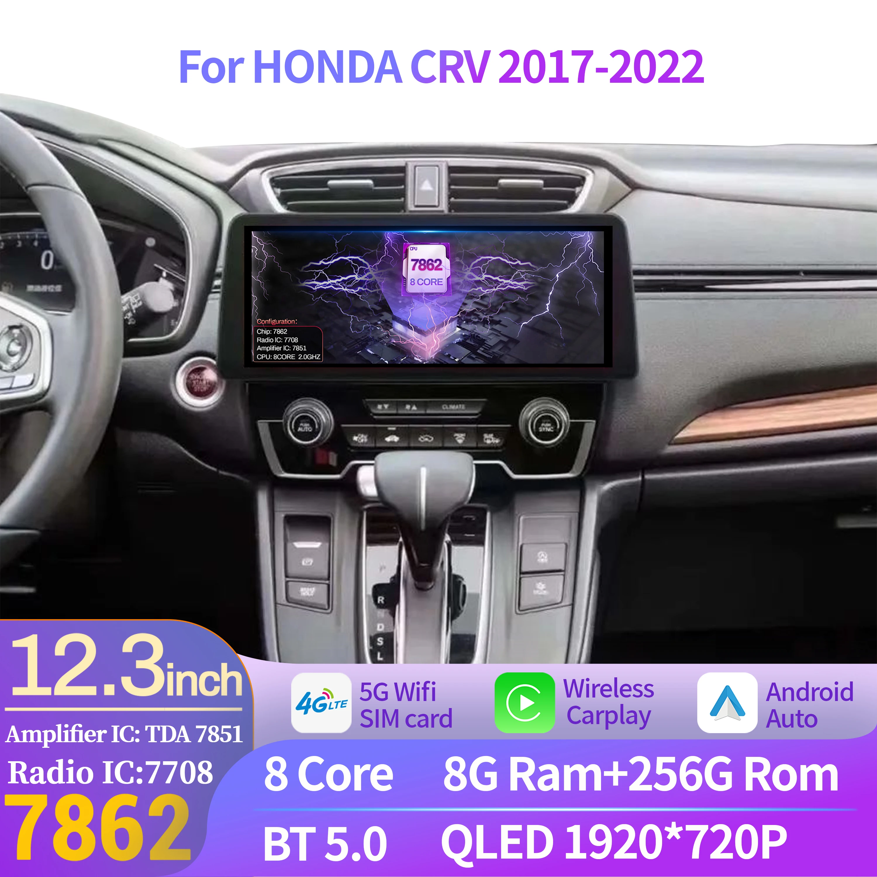 

12.3 inch For HONDA CRV 2017-2022 Car Radio Multimedia Navigation GPS Wireless Android 14 BT CarPlay Head Unit Touch Screen