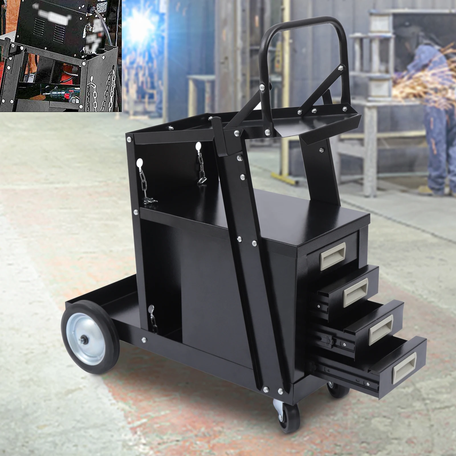 

Rolling Welding Cart with 4 Drawers Wheels and Tank Storage for Welder and Plasma Cutter