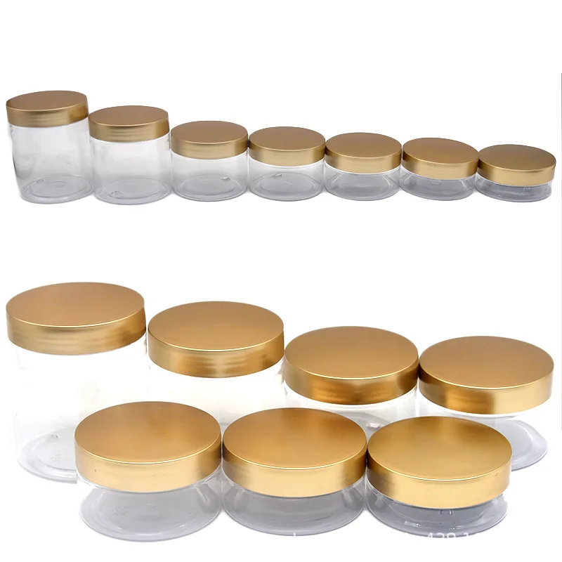 24Pcs Empty Clear Cream Jar Cosmetic Container Matte Gold Lid 50g 80g 100g 120g 150g 200g 250g Refillable Portable Plastic Pots